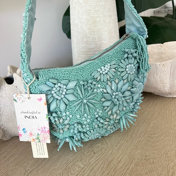 NWT Viral Blue Beaded Shoulder Bag w/ Flower Detail Handcrafted in India - Picture 3 of 10
